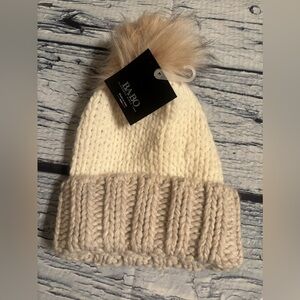 Cream and Tan Knit Beanie with Pom